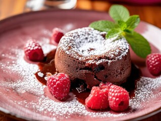 a chocolate dessert with raspberries and powdered sugar on a plate