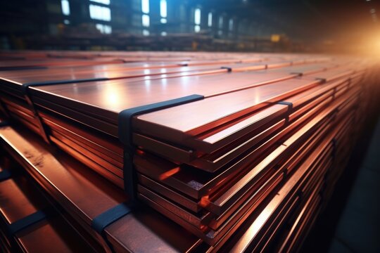 Copper sheets stacked on rail carriages in warehouse at refinery.