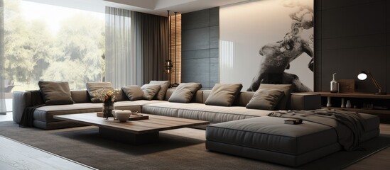 A modern living room featuring a spacious gray sectional couch, creating a cozy seating area for family and guests.