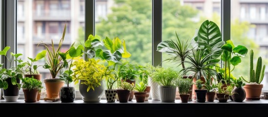 A black window sill is covered with a variety of small potted plants, each with different decorations. The window overlooks houses from a contemporary living room.