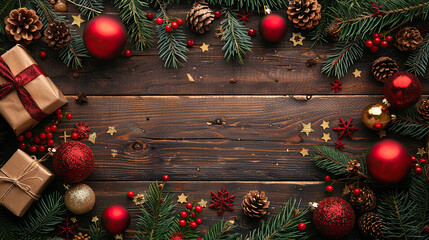 Fototapeta na wymiar Bright Christmas greeting card, red & gold christmas decorations on wooden background. Copy space for text. Winter holidays, New Year.