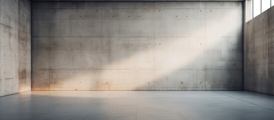 A clean and stark exhibition hall with concrete walls, illuminated by sunlight pouring in through large windows. The space is empty, creating a minimalist and industrial aesthetic.