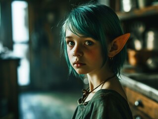a girl with blue hair and pointy ears