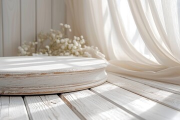 Fototapeta na wymiar Close-up of Vintage White Wooden Podium with Delicate White Flowers near the Window with White Drapes and Soft Natural Light. For Product Demonstration