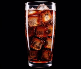 a glass of cola with ice cubes