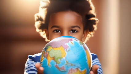 World health day.  Globe in the hands of a cheerful child