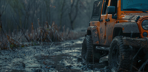 Fototapeta na wymiar Muddy Exploration: Orange Off-Road Vehicle Traversing a Wet Trail