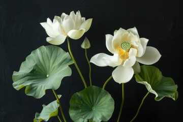 White lotuses or water lilies on a black background