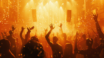 Fototapeta na wymiar Euphoric Crowd Dancing at a Concert With Confetti