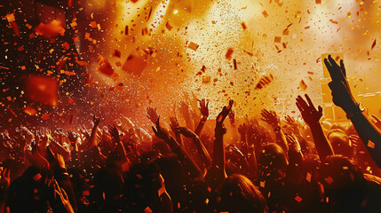 Energetic Crowd at Rock Concert with Confetti Explosion