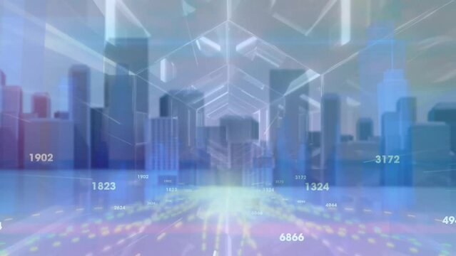 Animation of data processing and digital tunnel over digital cityscape