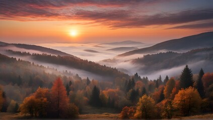 As the sun rises over the misty Carpathian landscape, the forested mountain slope is bathed in a...