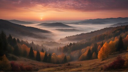 As the sun rises over the misty Carpathian landscape, the forested mountain slope is bathed in a stunning array of colors - from deep purples to vibrant oranges and pinks. The fog adds an ethereal qua - obrazy, fototapety, plakaty