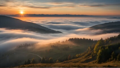 Imagine standing on a forested mountain slope, surrounded by a sea of fog and mist. As the sun rises, the colors of the sky and landscape blend together in a breathtaking display. - obrazy, fototapety, plakaty