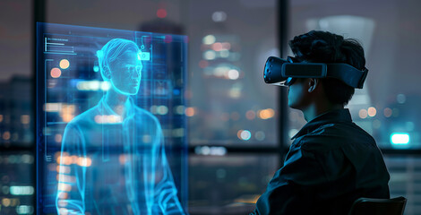 Virtual discussion: man engages with hologram, symbolizing the evolution of communication