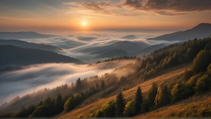 The misty Carpathian landscape is a canvas for the sunrise, with the forested mountain slope serving as the perfect backdrop. As the sun rises, the fog and mist create a mystical atmosphere.