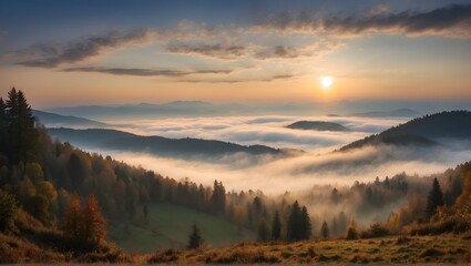 The misty Carpathian landscape is a canvas for the sunrise, with the forested mountain slope serving as the perfect backdrop. As the sun rises, the fog and mist create a mystical atmosphere. - obrazy, fototapety, plakaty