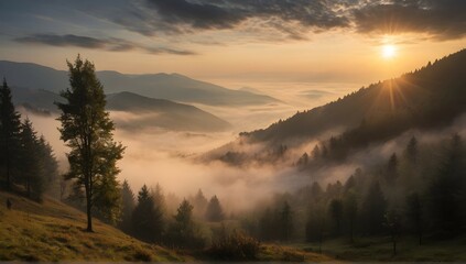 The misty Carpathian landscape is a canvas for the sunrise, with the forested mountain slope serving as the perfect backdrop. As the sun rises, the fog and mist create a mystical atmosphere. - obrazy, fototapety, plakaty