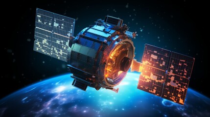 Futuristic communication satellite orbiting earth with hologram data for online gps services