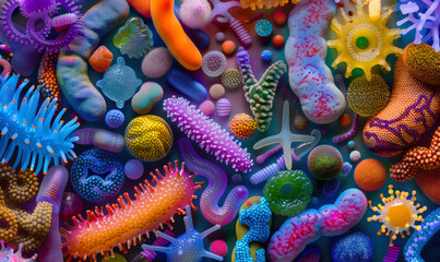 Microbiome view of bacteria in a gut. Microscopic view.