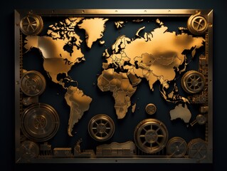 a map of the world with gears and wheels