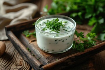 a glass cup of white sauce with parsley on a wooden tray