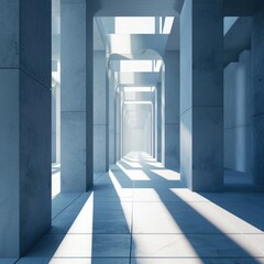 a long corridor with columns and shadows