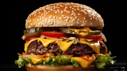 Delicious burger with fresh vegetables and cheese layers between a sesame seed bun and patty