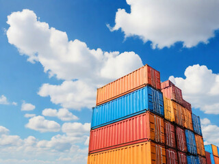 Fototapeta premium Stacked color cargo containers over the blue sky with clouds. Copy space image. Place for adding text