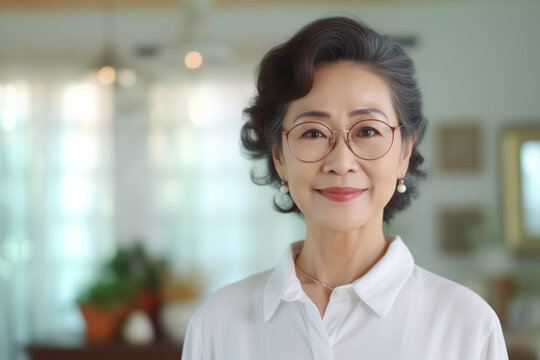 Beautiful middle aged asian woman in glasses sitting on sofa at home, single mature senior in living room
