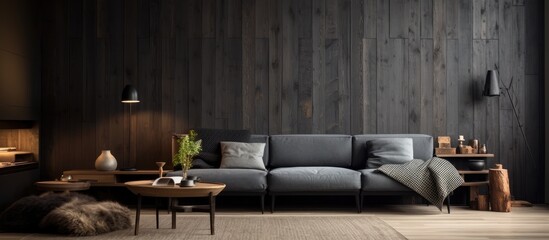 The living room is furnished with multiple pieces of furniture, all arranged in front of a wooden wall that consists of grey wooden boards. The room feels cozy and inviting.