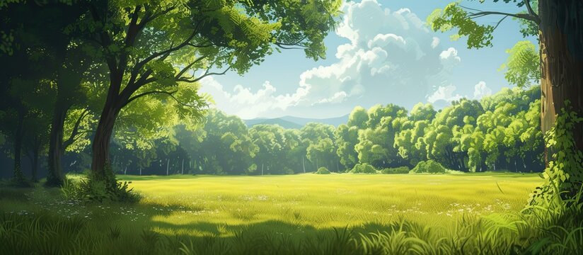 A painting featuring a grassy field with various trees scattered throughout, creating a serene and harmonious nature scene. The lush green grass complements the colorful trees in this idyllic setting.