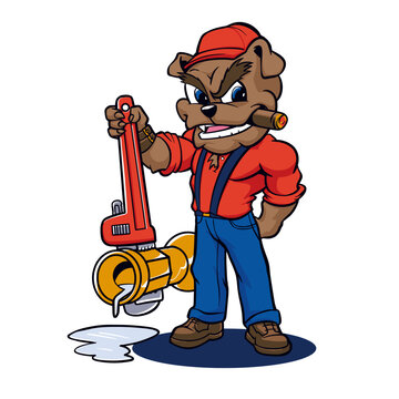 Bulldog Plumber Holding Spanner, Vector Cartoon Illustration