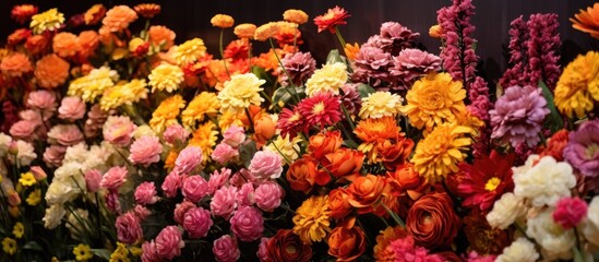 A group of artificial flowers tightly clustered in a bundle, showcasing a variety of colors and shapes. These beautiful blooms are neatly arranged, creating a vibrant and lively display.