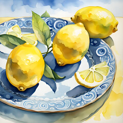 Close-up of three lemons on a yellow and blue Italian majolica plate, against a nuanced blue, watercolored