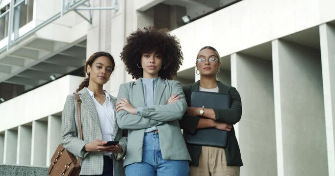 City, proud and group of business women with arms crossed, diversity and pride in teamwork. Office building, confidence and girl power, work friends with support and professional career at startup.