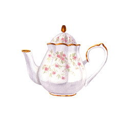 Porcelain ceramic white teapot with a pattern of roses and gold classic style. Watercolor hand-drawn illustration isolated on white background. Perfect for recipe lists with drinks, brochures for cafe