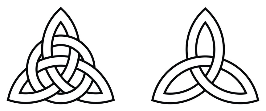 Triquetra sign icon set. Leaf like celtic simple symbol black line vector Trikvetra knot with circle Power of three viking tribal for tattoo flat style image.
