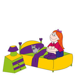 Niña sentada en la cama con su gato.