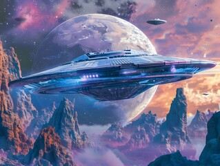 UFOs Flying Above Mountains and Planet in Sci-Fi Style