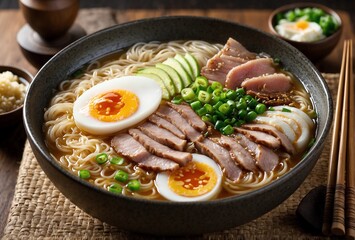 a steaming bowl of traditional Japanese ramen, perfectly cooked noodles, and artfully arranged toppings such as sliced pork, green onions, and a soft-boiled egg