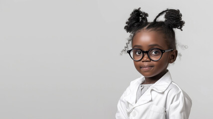 a studio portrait of little black girl dressed up as a Scientist isolated on white background