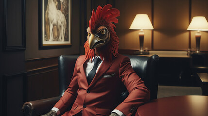 Portrait of a surreal rooster in a business style jacket. Anthropomorphism
