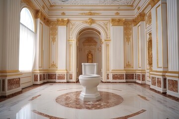 Obraz premium Luxury Royal Toilet Bowl in Palace Hall Center, Gilded Baroque Toilet, Vip Toilet for Vip Persons