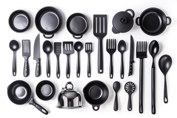 A set of black kitchen utensils including pans, spatulas, knives, and a kettle, isolated on white.