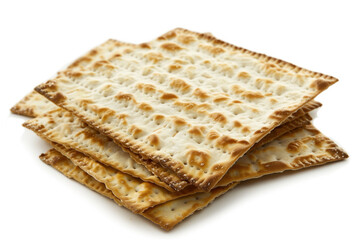 Fototapeta premium Close-up view of a stack of golden, crispy matzo crackers isolated on a white background.