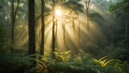 Obraz premium The sun's rays illuminate the leaves and trees of the dense forest