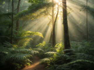 The sun's rays illuminate the leaves and trees of the dense forest