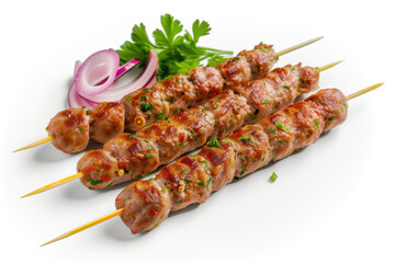 Three grilled lula kebabs on skewers, garnished with fresh herbs and onions, presented against a clean white background.