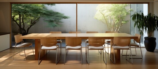 Fototapeta premium A spacious dining room in a Japanese home furnished with a large, modern table surrounded by matching chairs. The room is brightly lit, and the table is set with tableware.